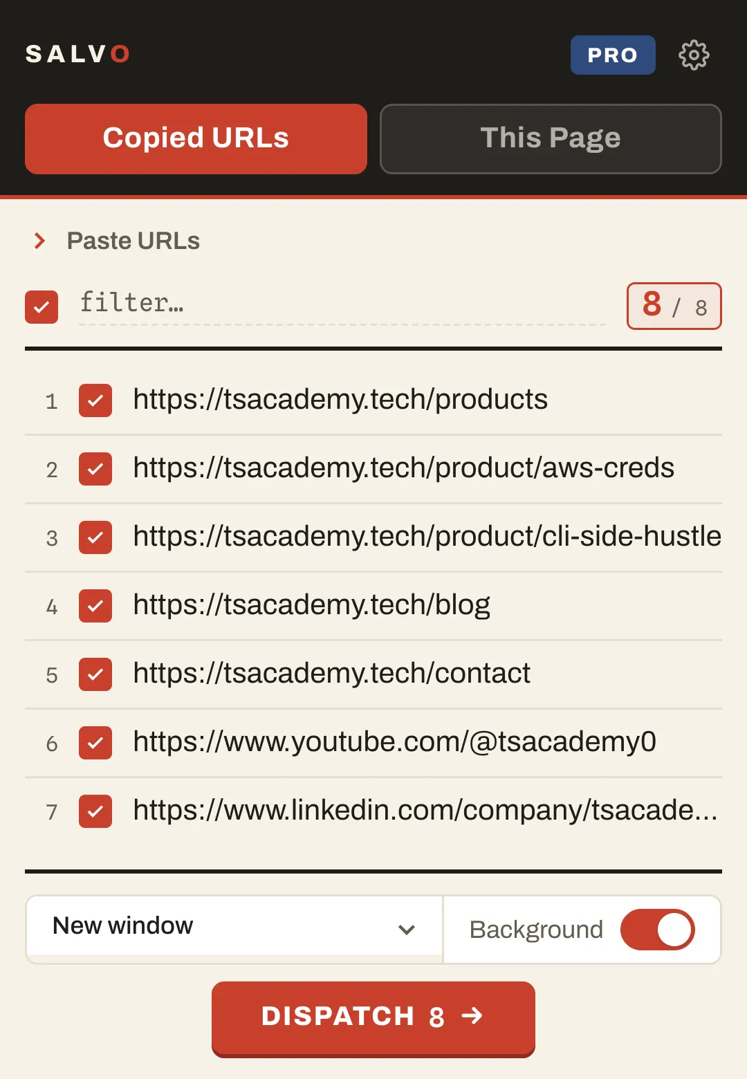Salvo popup showing links found in the clipboard, ready to dispatch