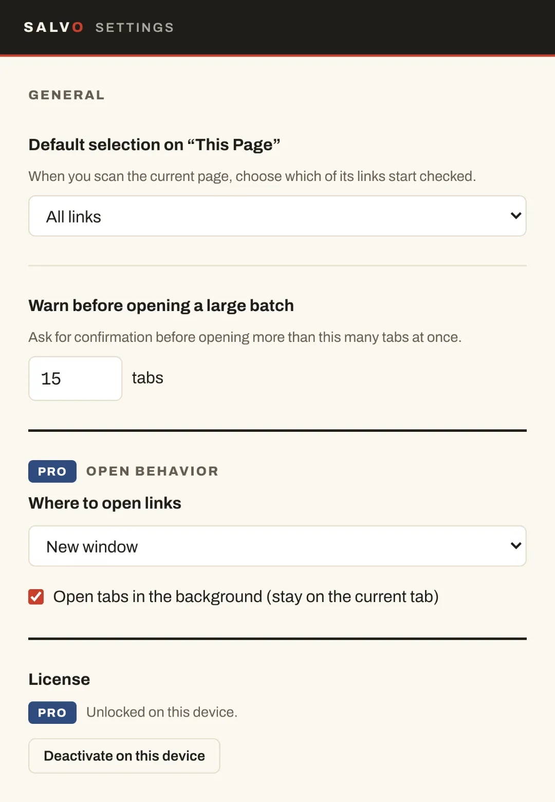 Salvo settings showing default open target, toggles, and Pro license status